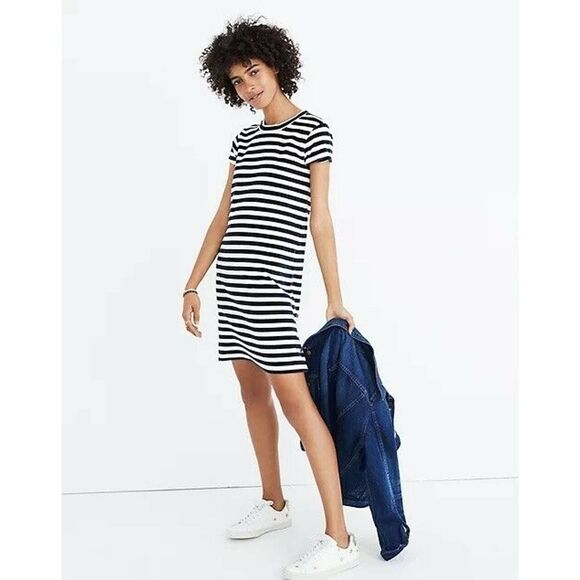 Madewell Blue White Stripe Print Velour Velvet Pullover Tee Midi Dress Small EUC - Picture 1 of 8